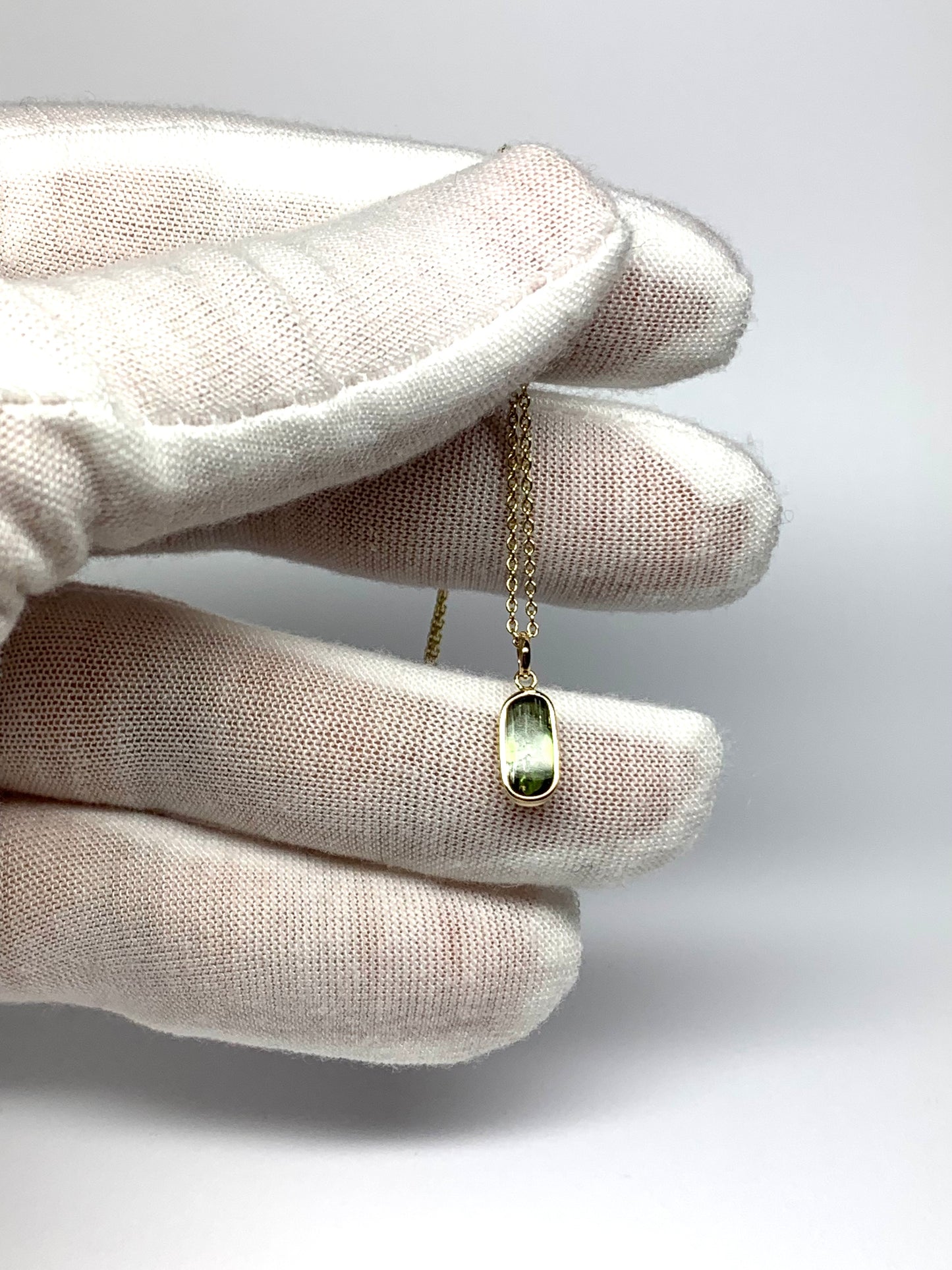 14k Solid Yellow Gold, Natural Green Tourmaline Cabochon Tiny Pendant