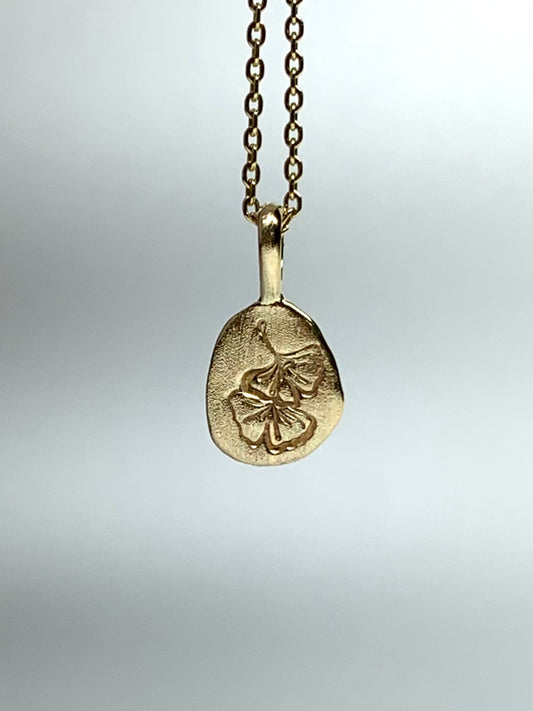 14K Solid Yellow Gold Nugget “Ginkgo” Mini Pendant, Tiny Charm, Brushed “Satin” Finish