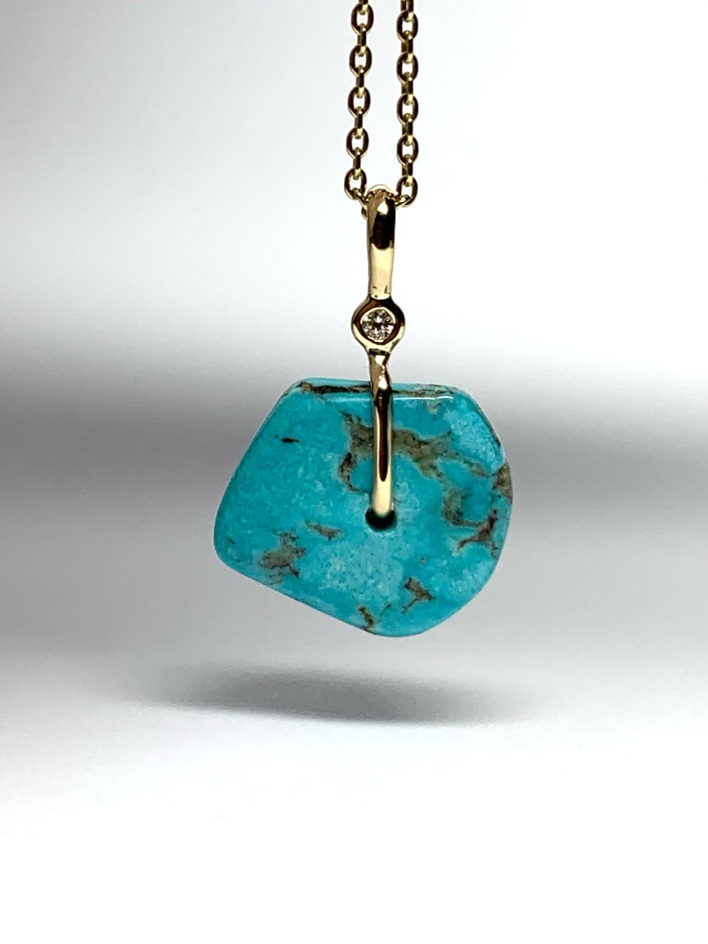 14K Solid Yellow Gold, White Diamond, Blue Turquoise “Donut” Mini Pendant