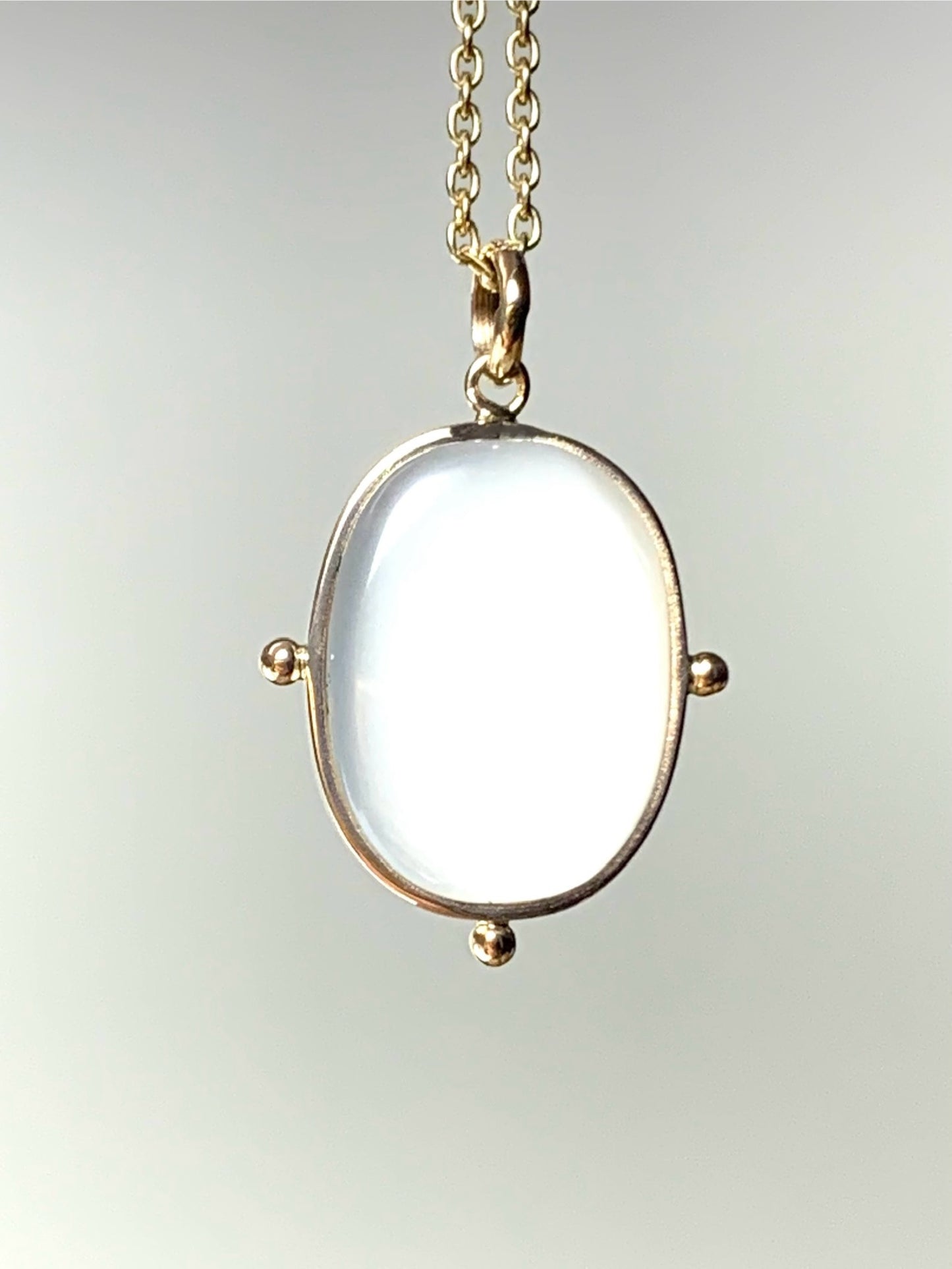 14k Solid Yellow Gold, White Moonstone Flat Cabochon Pendant, With Golden Dots
