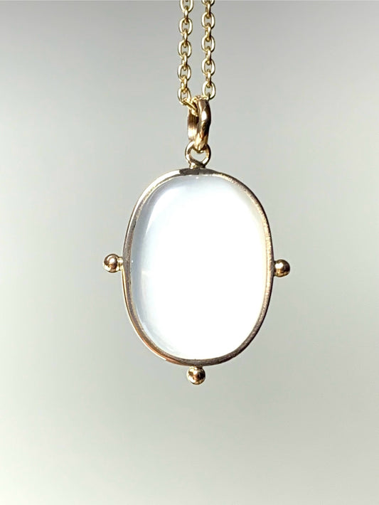 14k Solid Yellow Gold, White Moonstone Flat Cabochon Pendant, With Golden Dots