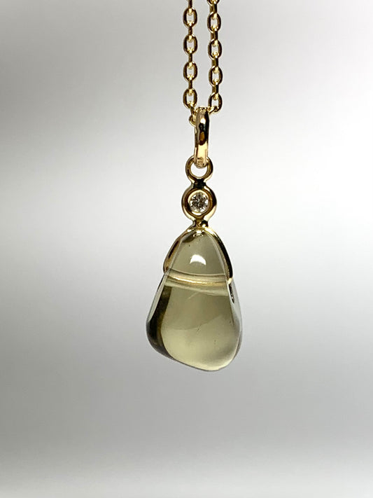 14k Solid Yellow Gold, Diamond, Lemon Quartz Tumbled Nugget Bead Pendant, Mini Size