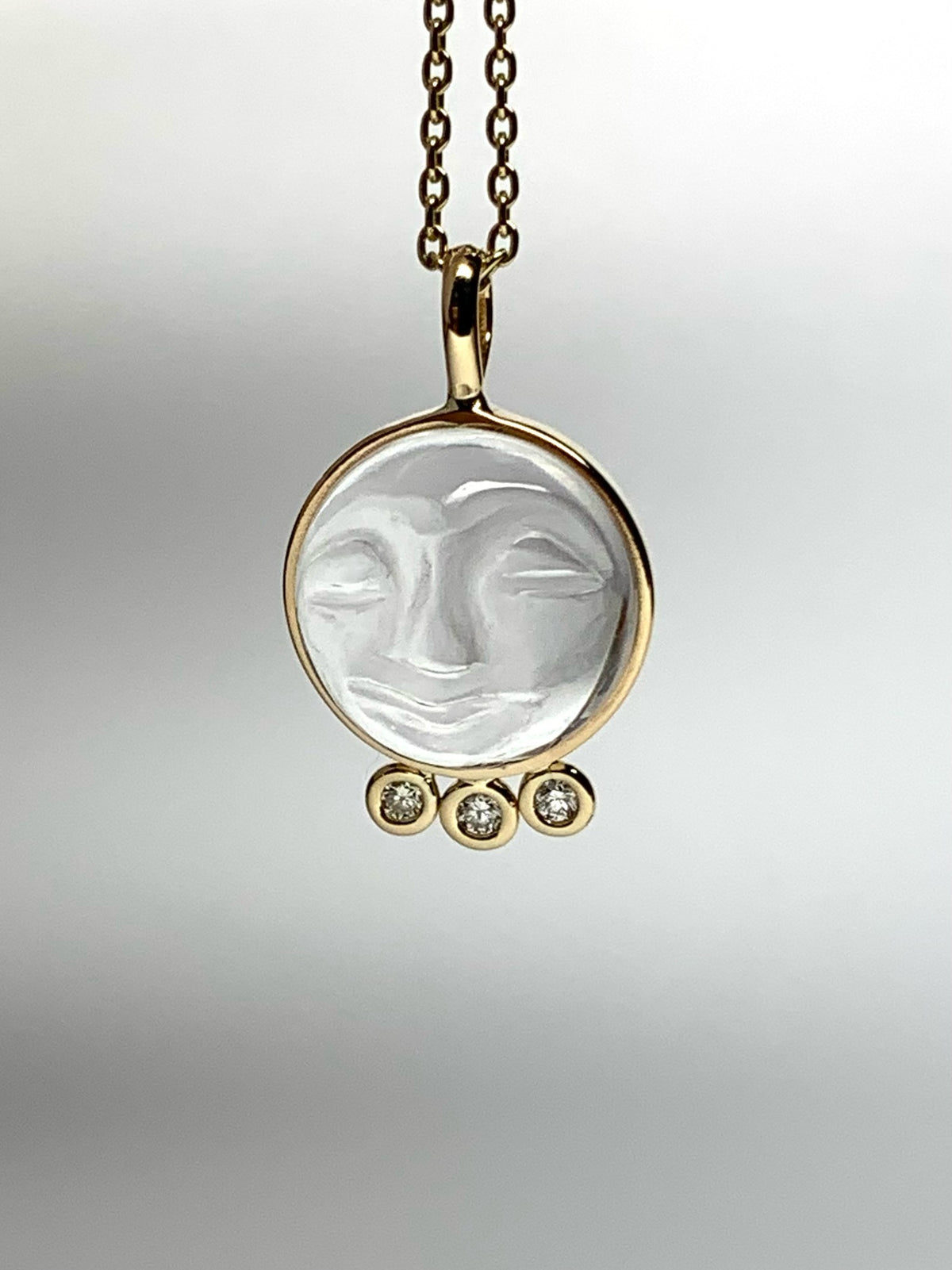 14k Solid Yellow Gold, Clear Quartz, White Diamonds “Moon and Stars” Pendant, Carved Face, Small Size