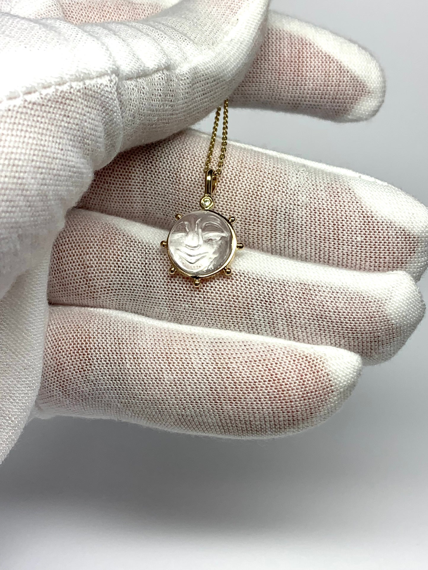 14k Solid Yellow Gold, Clear Quartz, Diamond “Sun” Pendant