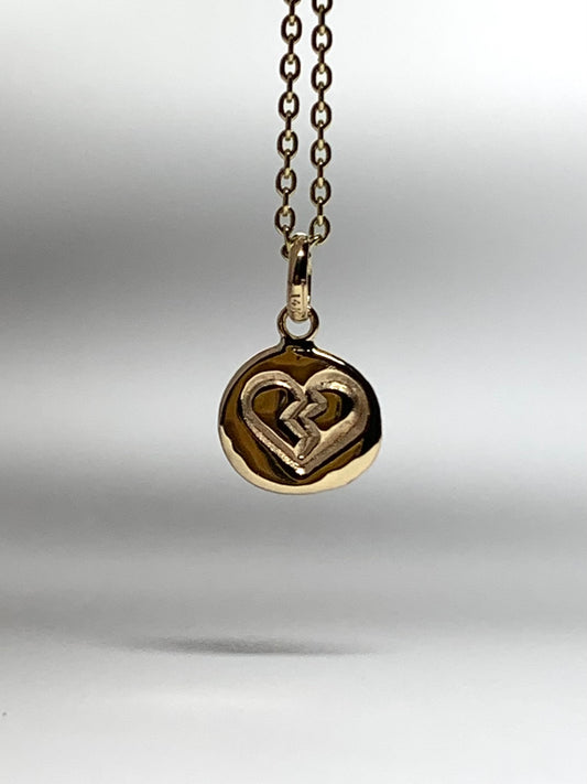 14K Solid Yellow Gold Nugget “Broken Heart” Mini Pendant, Tiny Charm