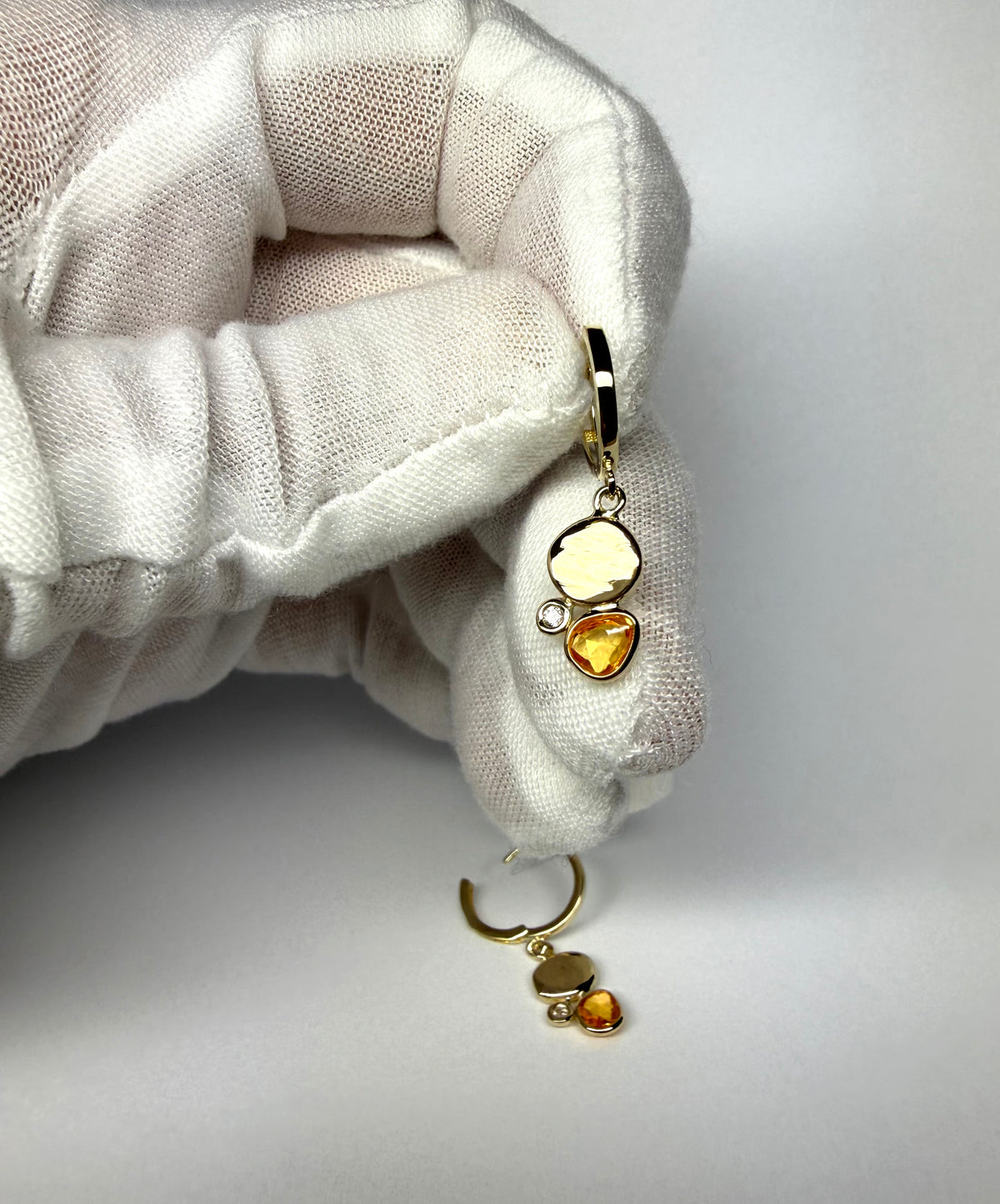 14k Solid Yellow Gold, Diamonds, Orange Sapphires Hoop Earrings