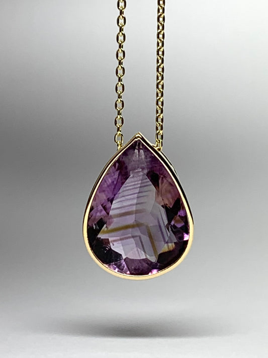 14k Solid Yellow Gold, Purple Amethyst Slider Pendant, Pear Shaped