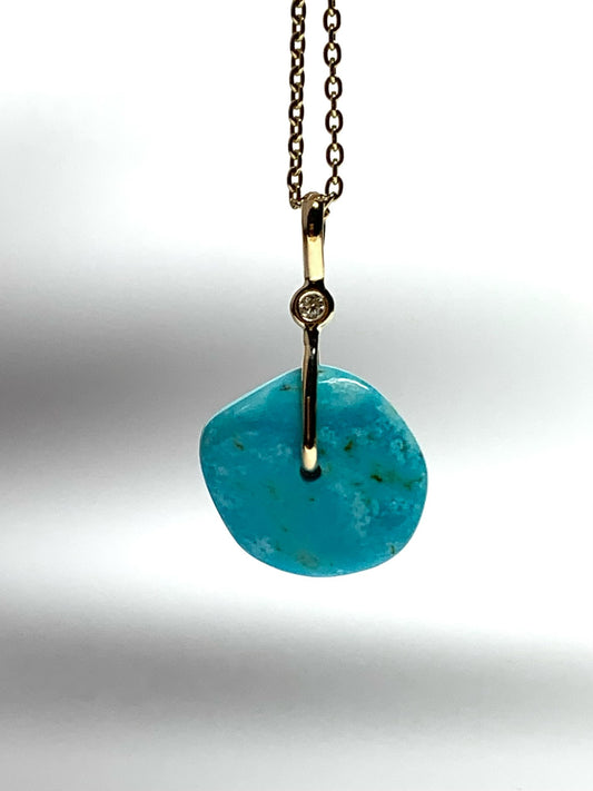 14K Solid Yellow Gold, White Diamond, Blue Turquoise “Donut” Mini Pendant