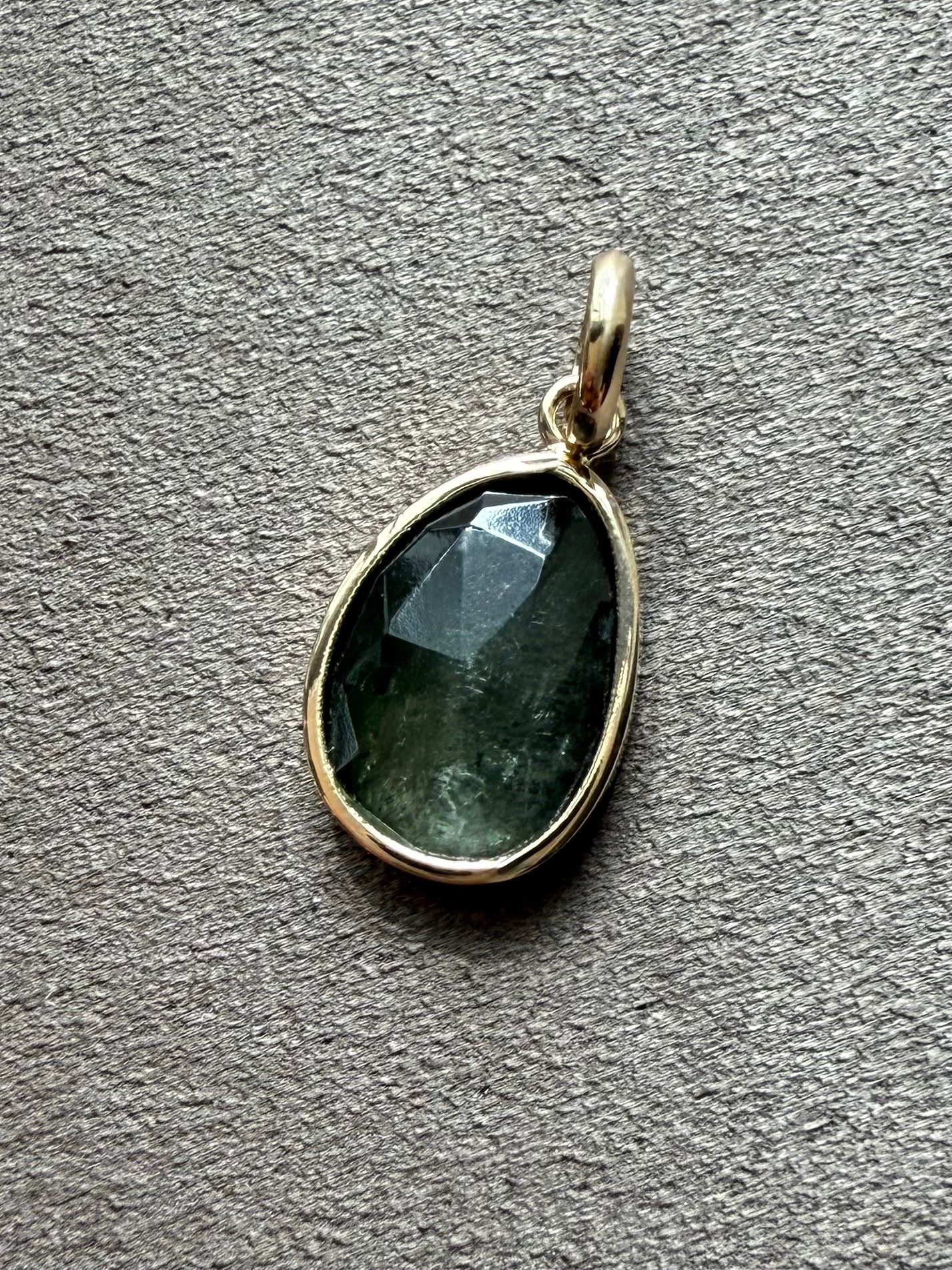 14k Solid Yellow Gold, Natural Dark Green Tourmaline Mini Pendant