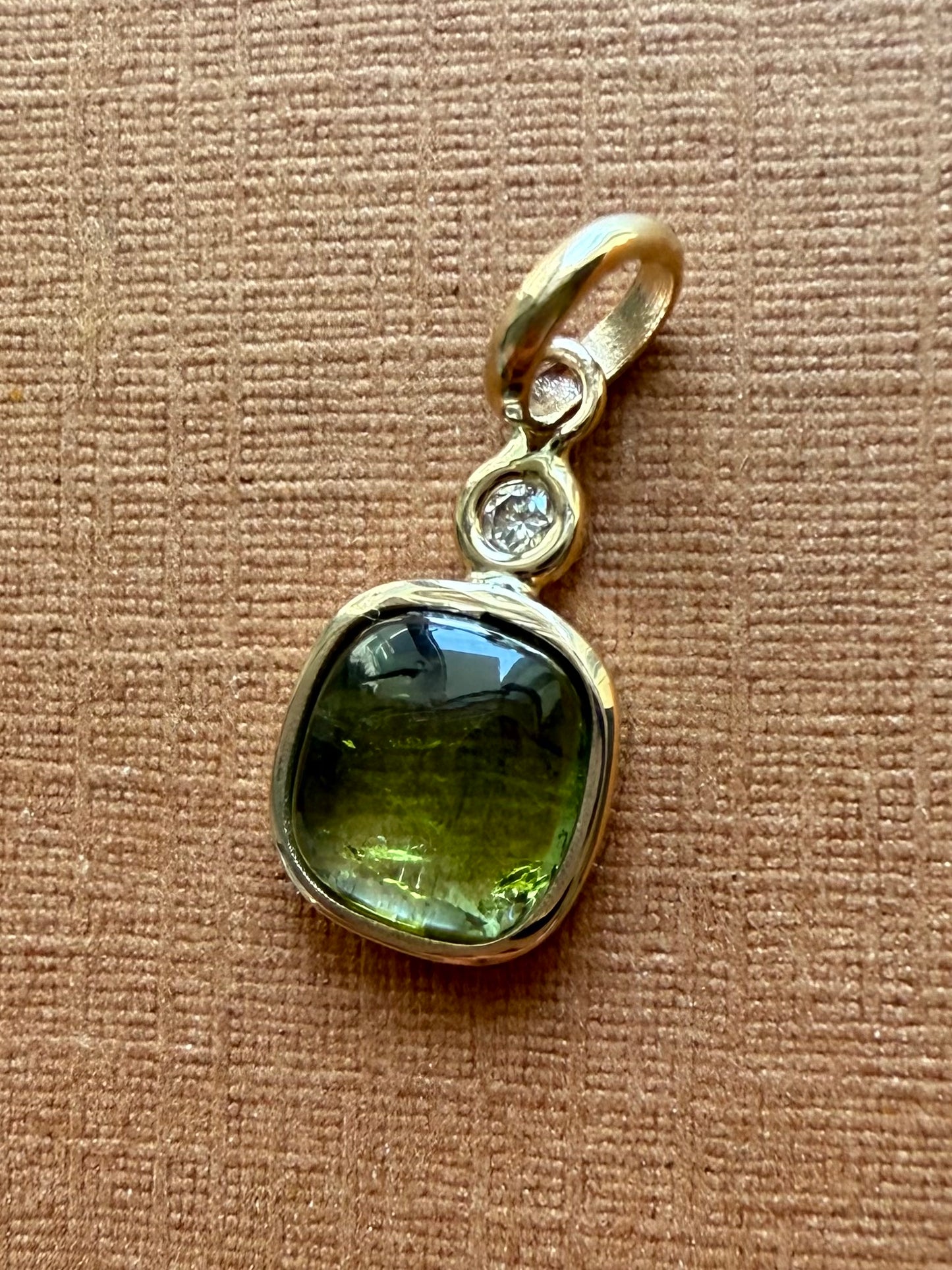14k Solid Yellow Gold, Natural White Diamond, Natural Dark Green Tourmaline Tiny Pendant
