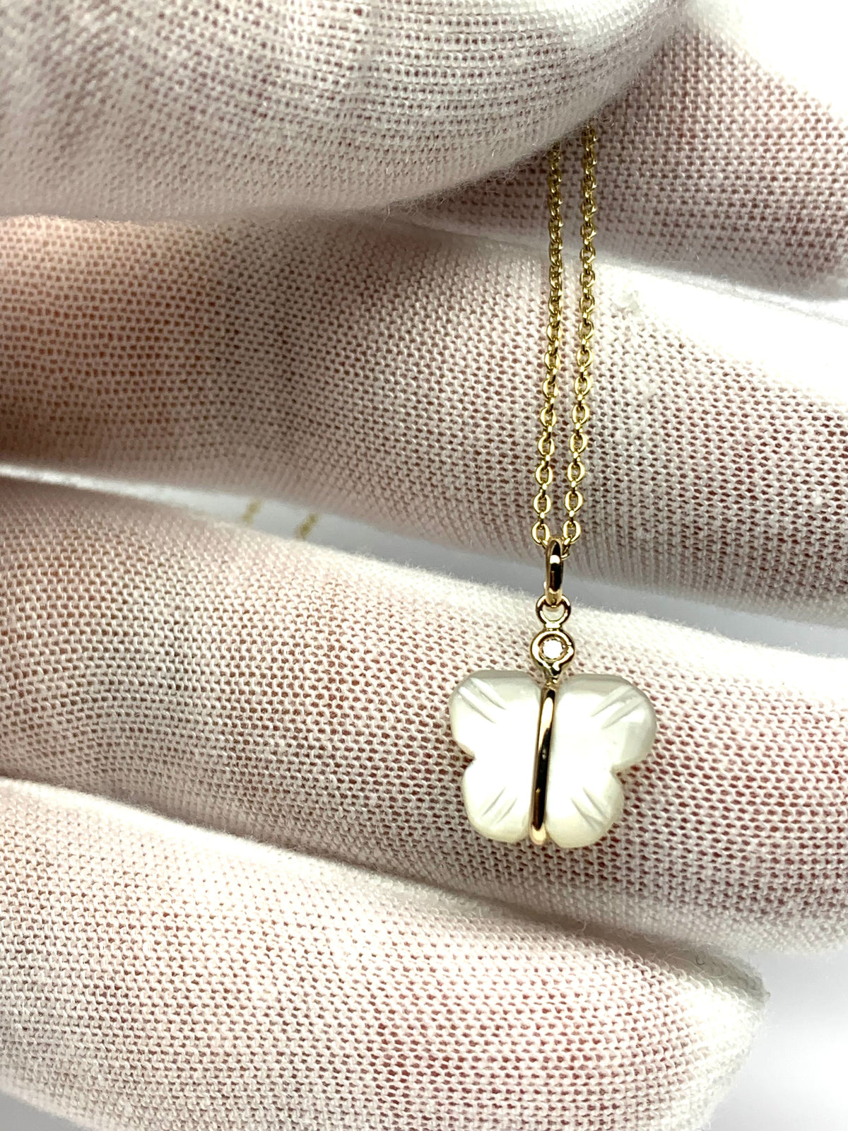 14k Solid Yellow Gold, Diamond, White Moonstone “Butterfly” Mini Pendant, Hand Carved