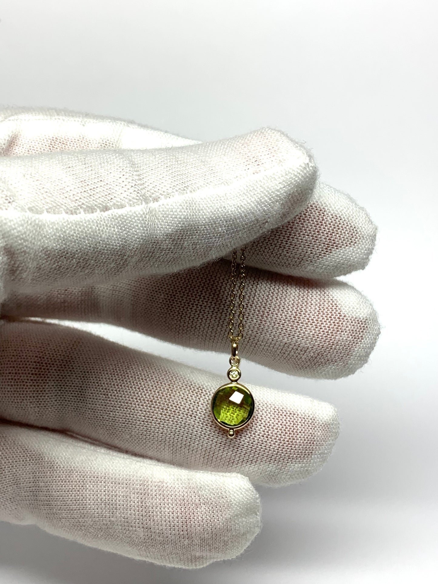 14k Solid Yellow Gold, Diamond, Green Peridot Mini Pendant