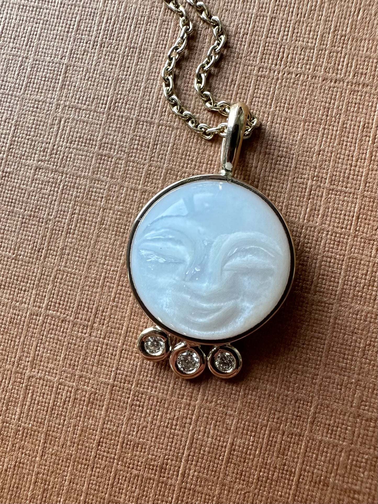 14k solid yellow gold diamonds white moonstone moon and stars moon face pendant for her by TINAKRIS 