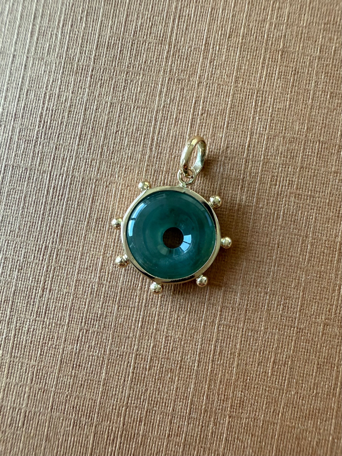 14k Solid Yellow Gold, Natural Green Jade Donut “Sun” Pendant, Mini Size