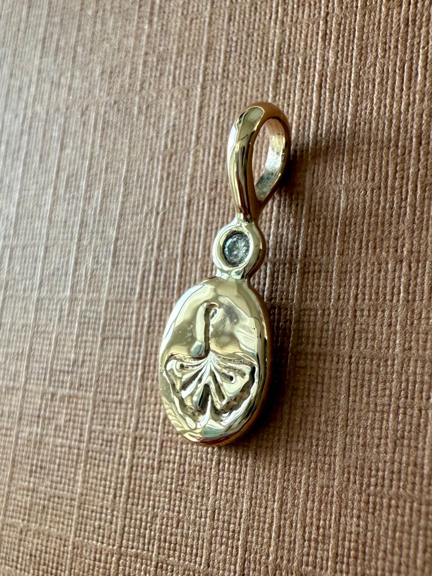 14K Solid Yellow Gold Nugget “Ginkgo” Mini Pendant, White Diamond, Tiny Charm
