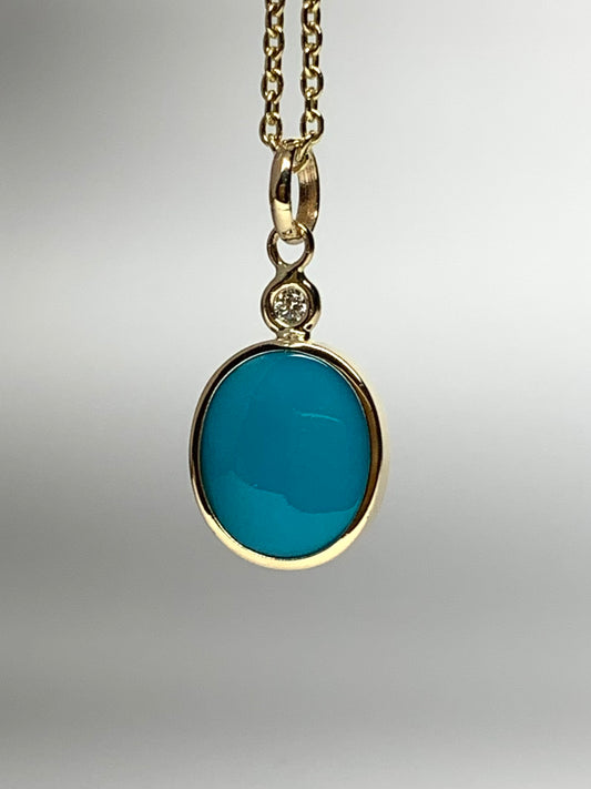 14k Solid Yellow Gold, Diamond, Blue Sleeping Beauty Turquoise Pendant, Mini Size