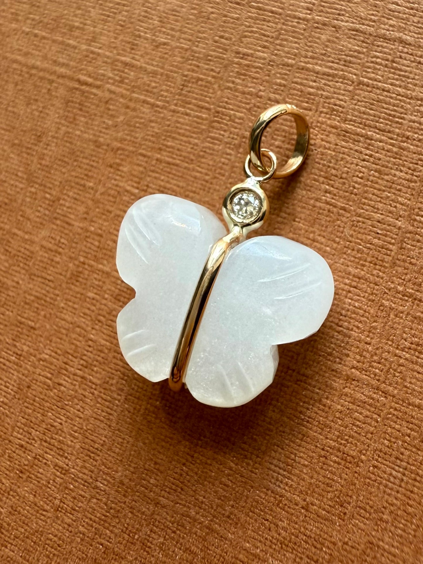 14k Solid Yellow Gold, Diamond, White Moonstone “Butterfly” Mini Pendant, Hand Carved