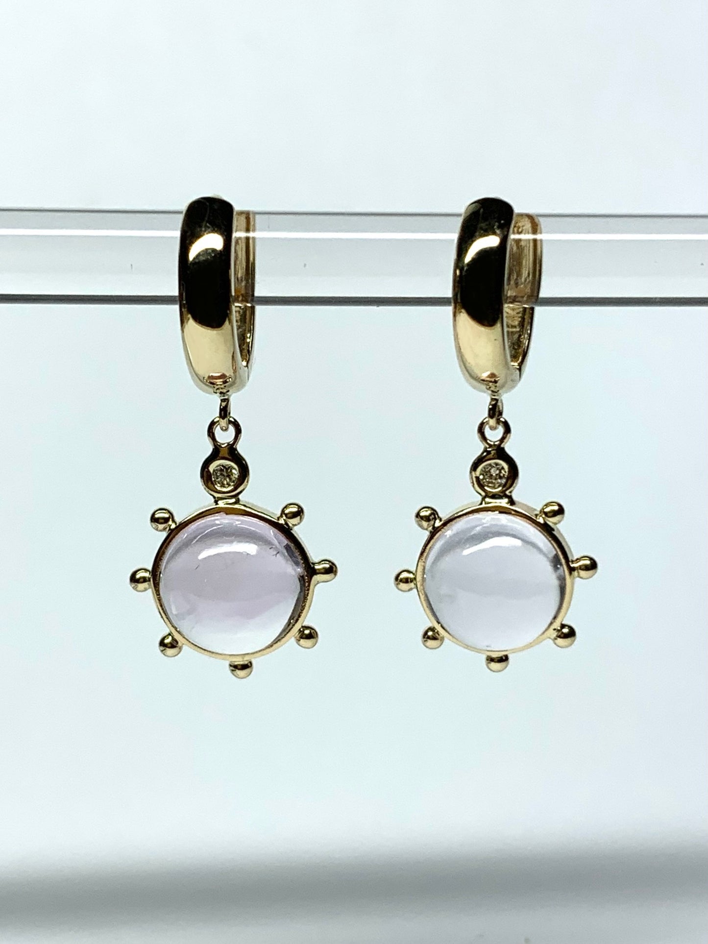 14k Solid Yellow Gold, Diamonds, Pale Pink Amethyst “Sun” Mini Earrings