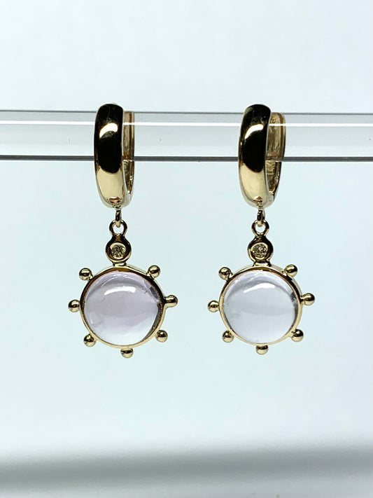 14k Solid Yellow Gold, Diamonds, Pale Pink Amethyst “Sun” Mini Earrings