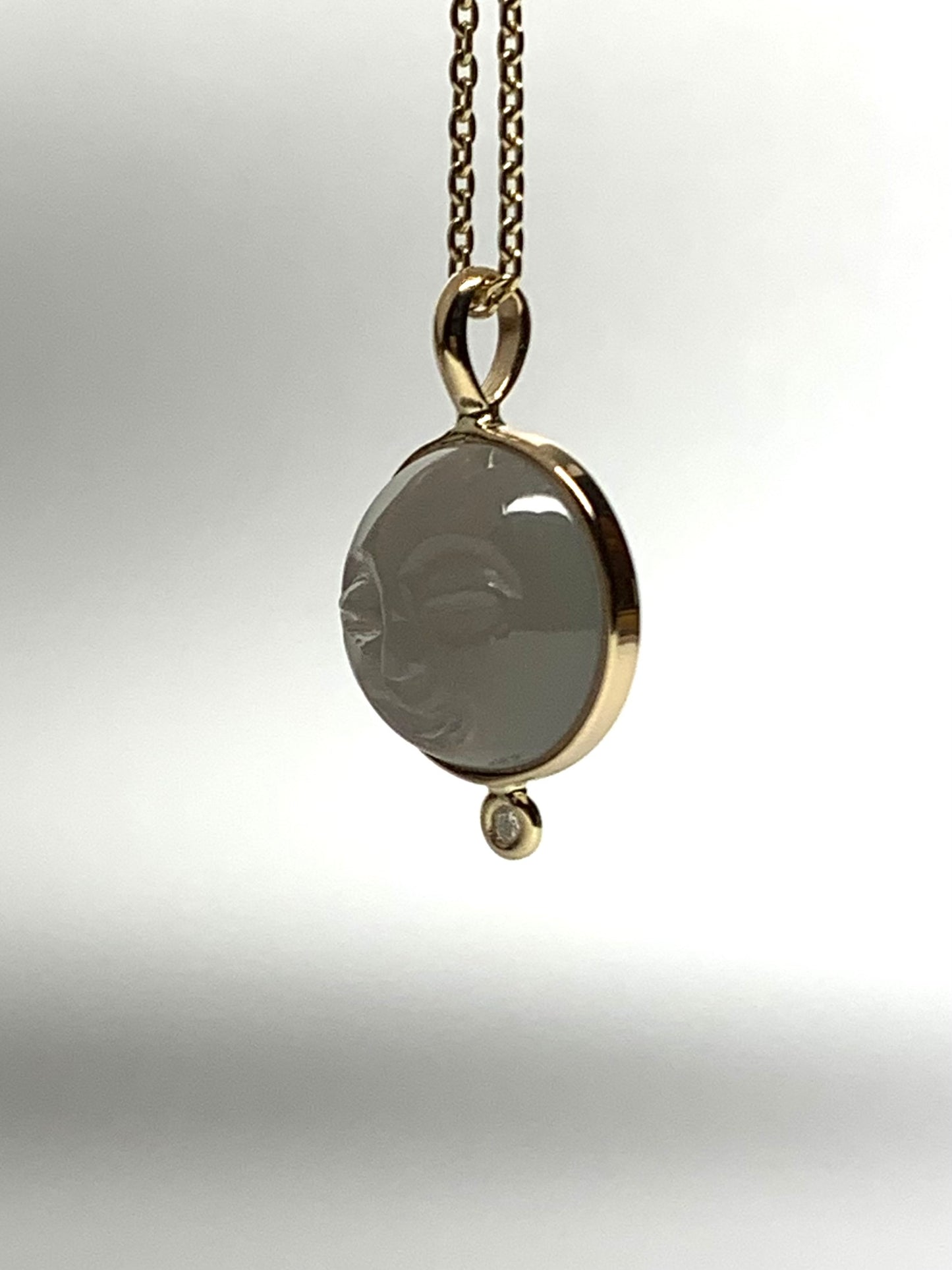 14k Solid Yellow Gold, White Diamond, Grey Moonstone “Moon and Star” Pendant, Small Size