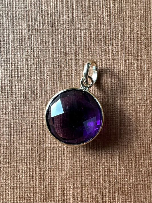 Clearance! Mini 10k Solid Yellow Gold, Round Purple Amethyst Pendant, Charm