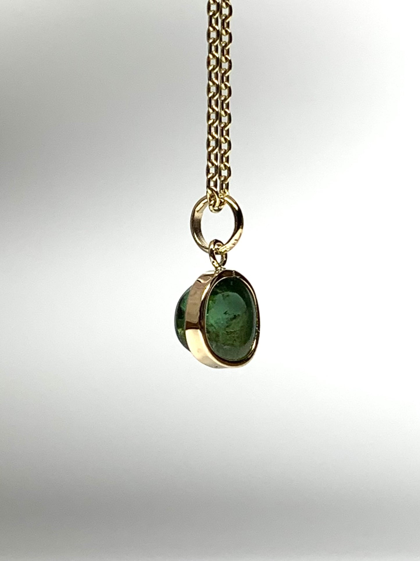 14k Solid Yellow Gold, Natural Green Tourmaline Cabochon Tiny Pendant