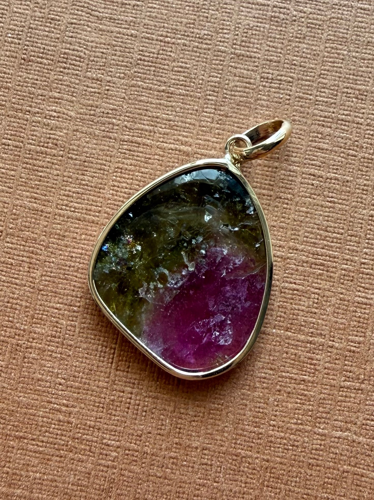 14k Solid Yellow Gold, Natural Pink Green Tourmaline Pendant