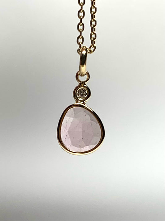 14k Solid Yellow Gold, Natural White Diamond, Natural Pink Tourmaline Tiny Pendant