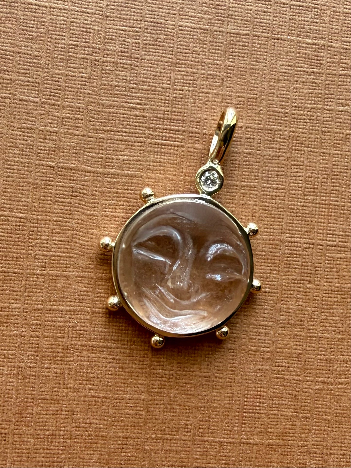 14k Solid Yellow Gold, Clear Quartz, Diamond “Sun” Pendant