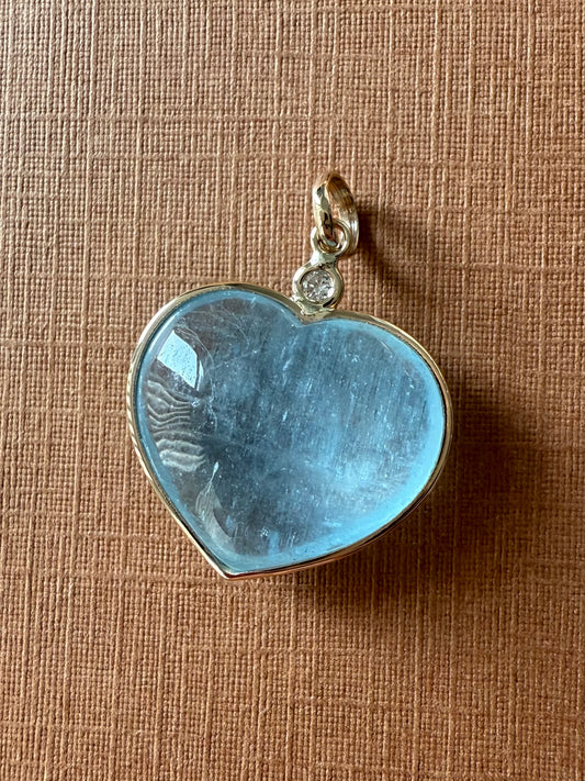 14k Solid Yellow Gold, Diamond, Pale Blue Aquamarine “Heart” Pendant