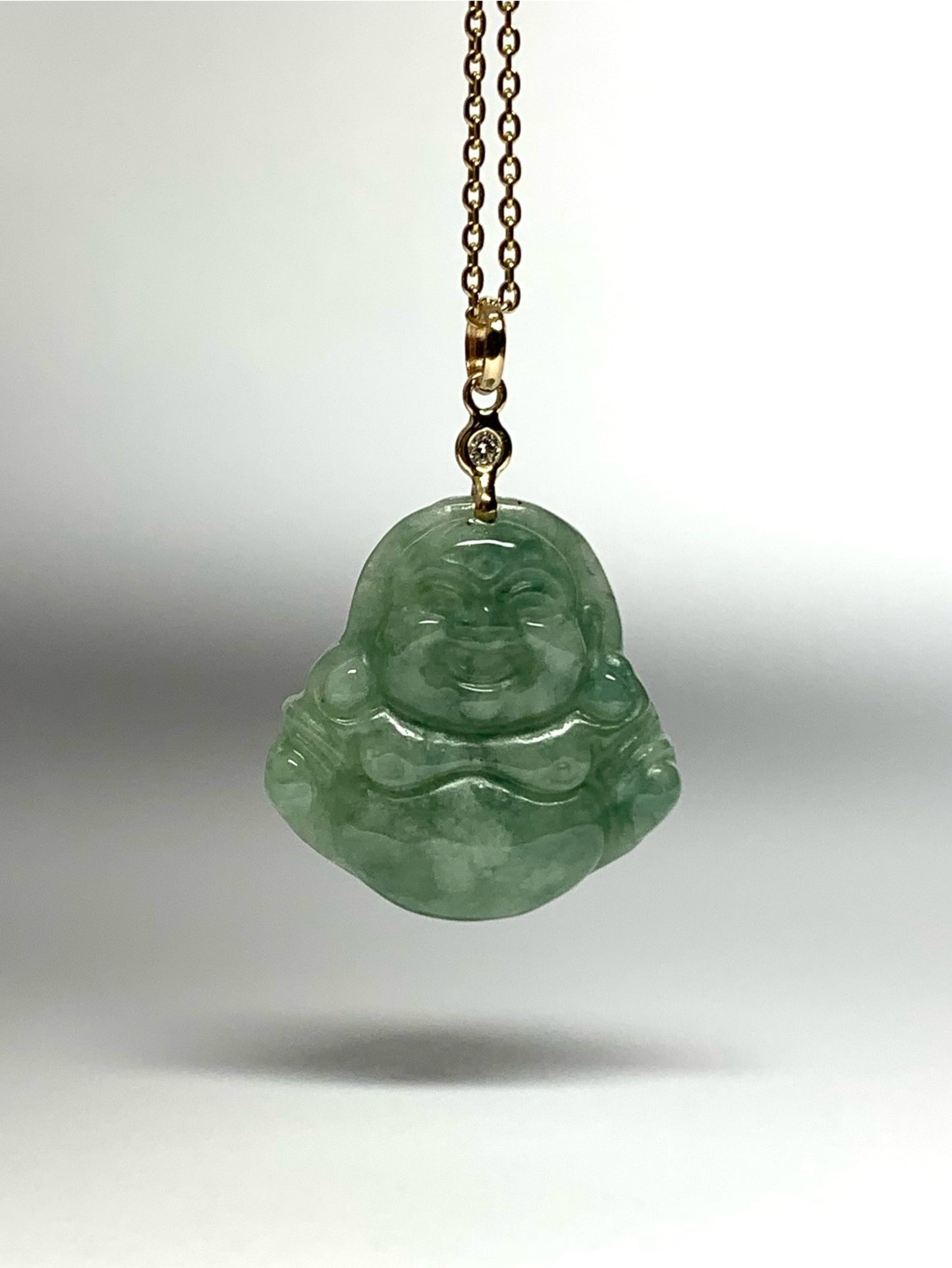 14K Solid Yellow Gold, Diamond, Pale Green Jade “Buddha” Pendant