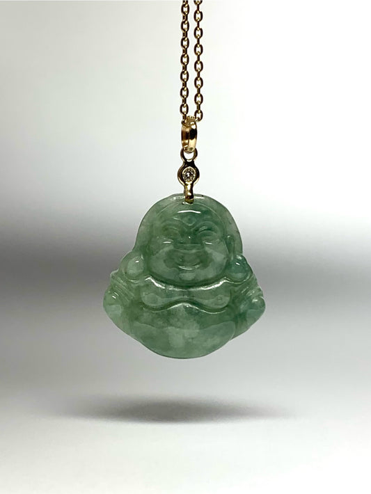 14K Solid Yellow Gold, Diamond, Pale Green Jade “Buddha” Pendant