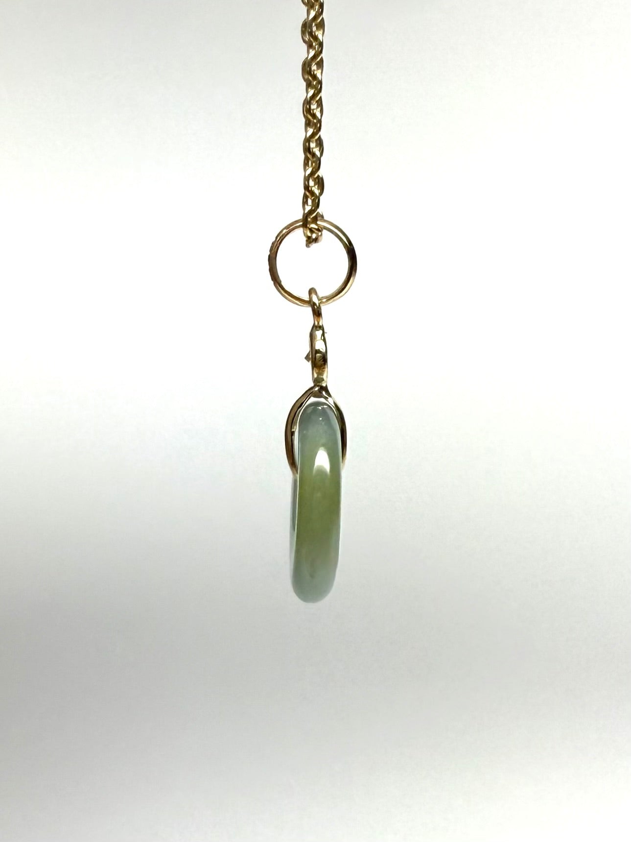 14k Solid Yellow Gold, White Diamond, Pale Green Jade “Donut” Pendant, Tiny Size