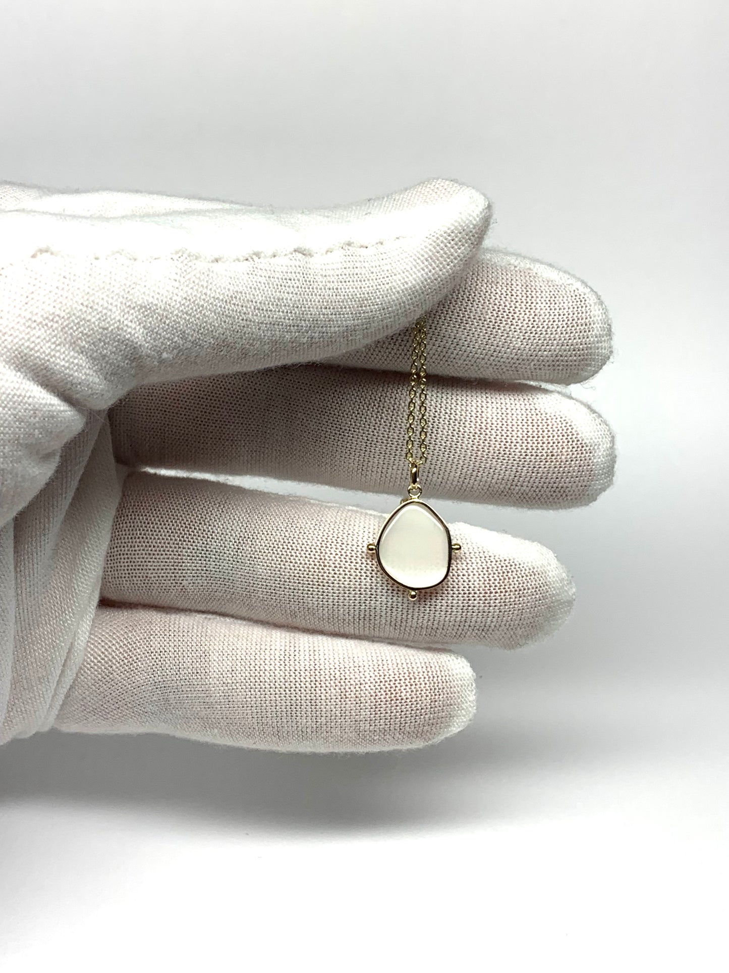 14k Solid Yellow Gold, White Moonstone Flat Cabochon Pendant, With Golden Dots