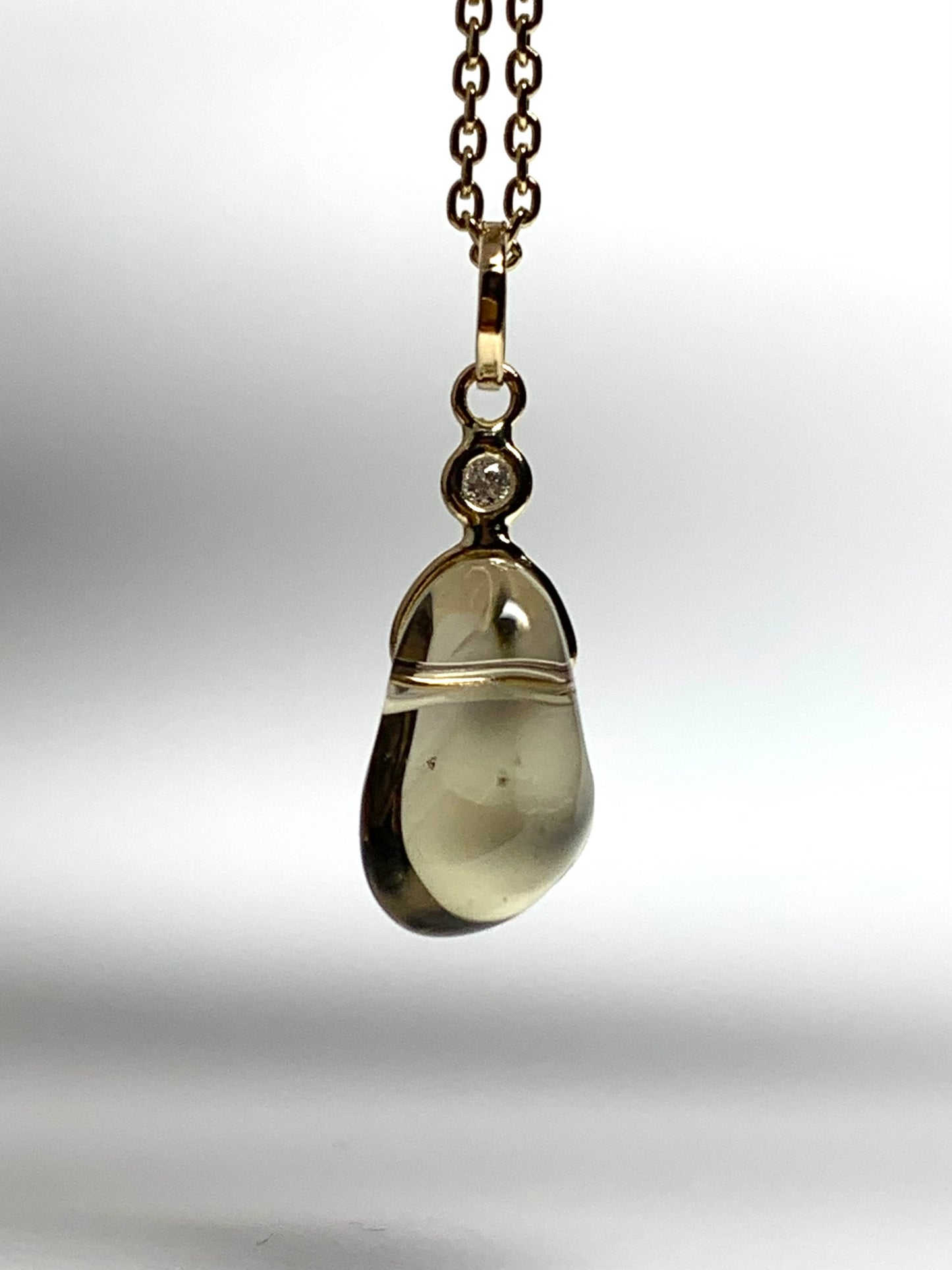 14k Solid Yellow Gold, Diamond, Lemon Quartz Tumbled Nugget Bead Pendant, Mini Size