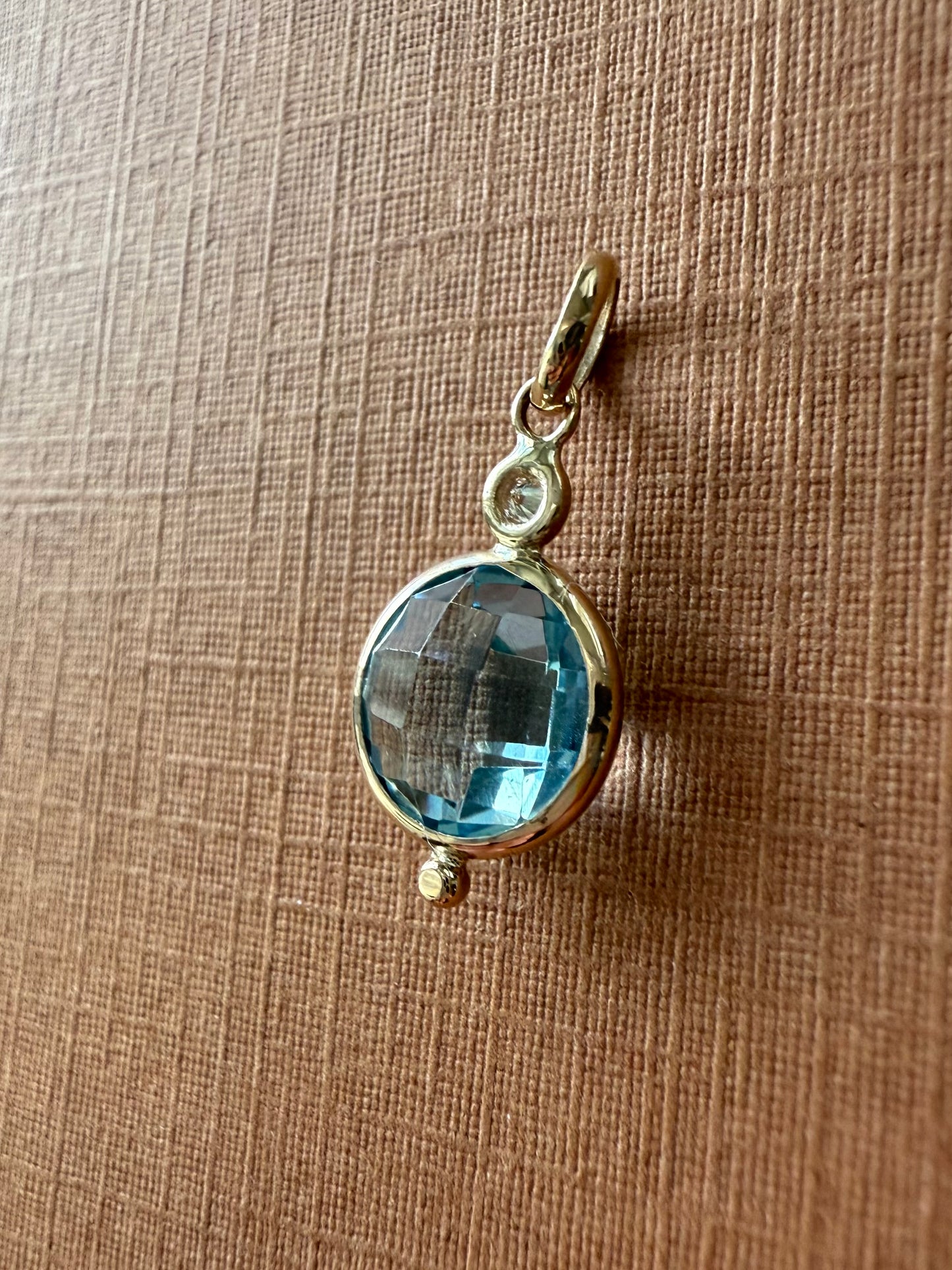 14K Solid Yellow Gold, Diamond, Blue Topaz Mini Pendant