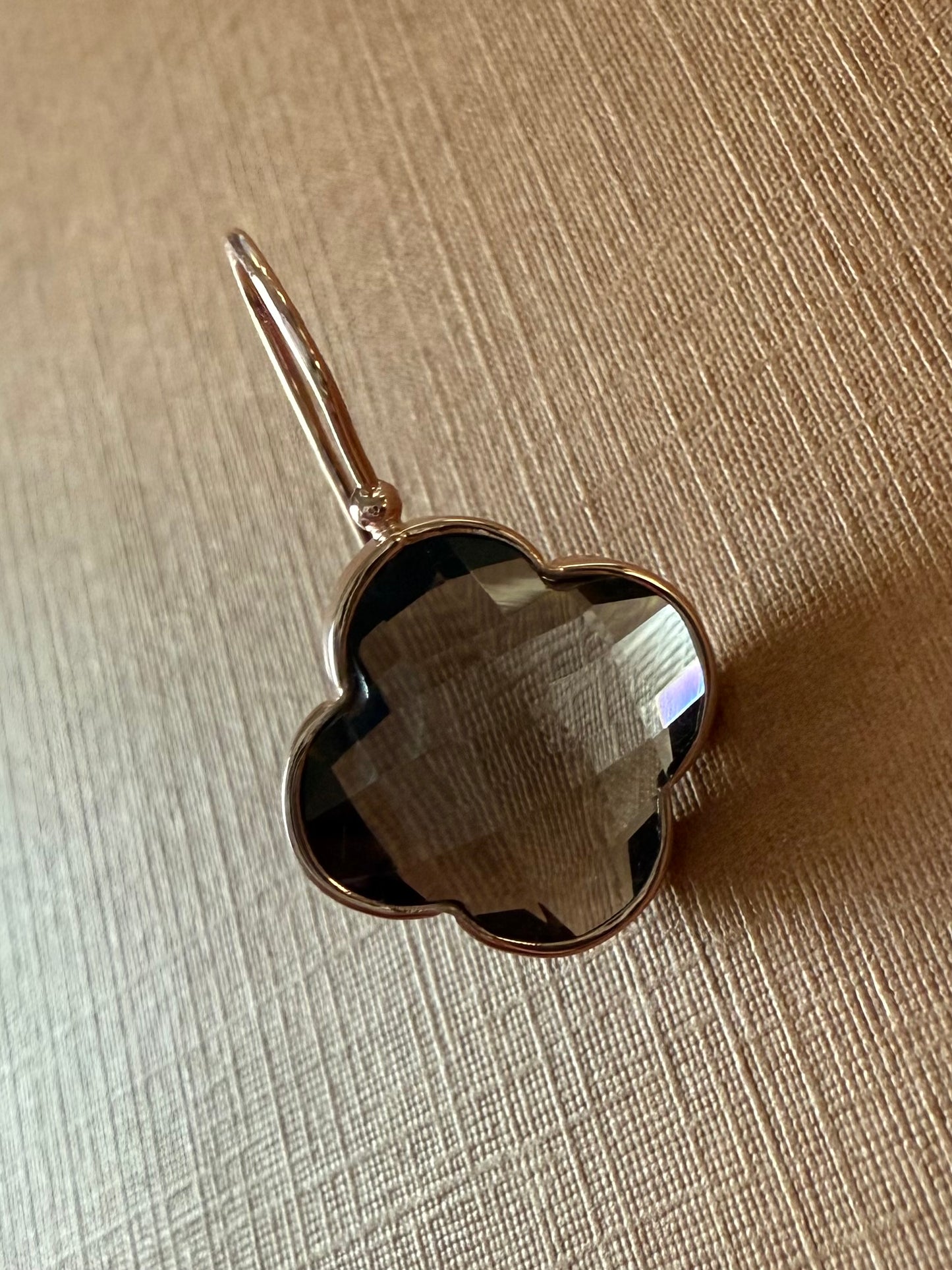 14k Solid Rose Gold Smoky Quartz “Clover” Earrings, Checkerboard Cut, Fish Hook Ear Wires