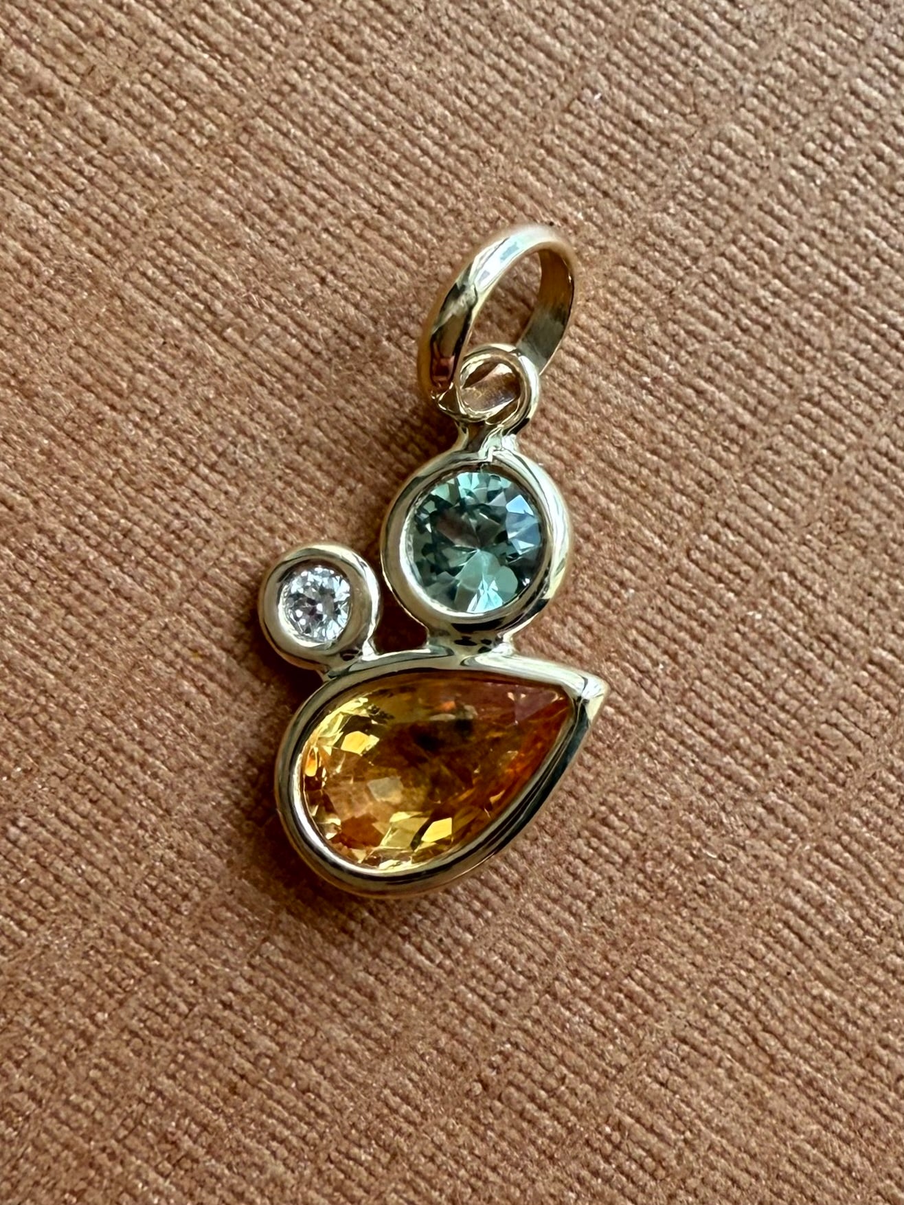 14K Solid Yellow Gold, Diamond, Multi Color Sapphires Cluster Pendant, Tiny Size