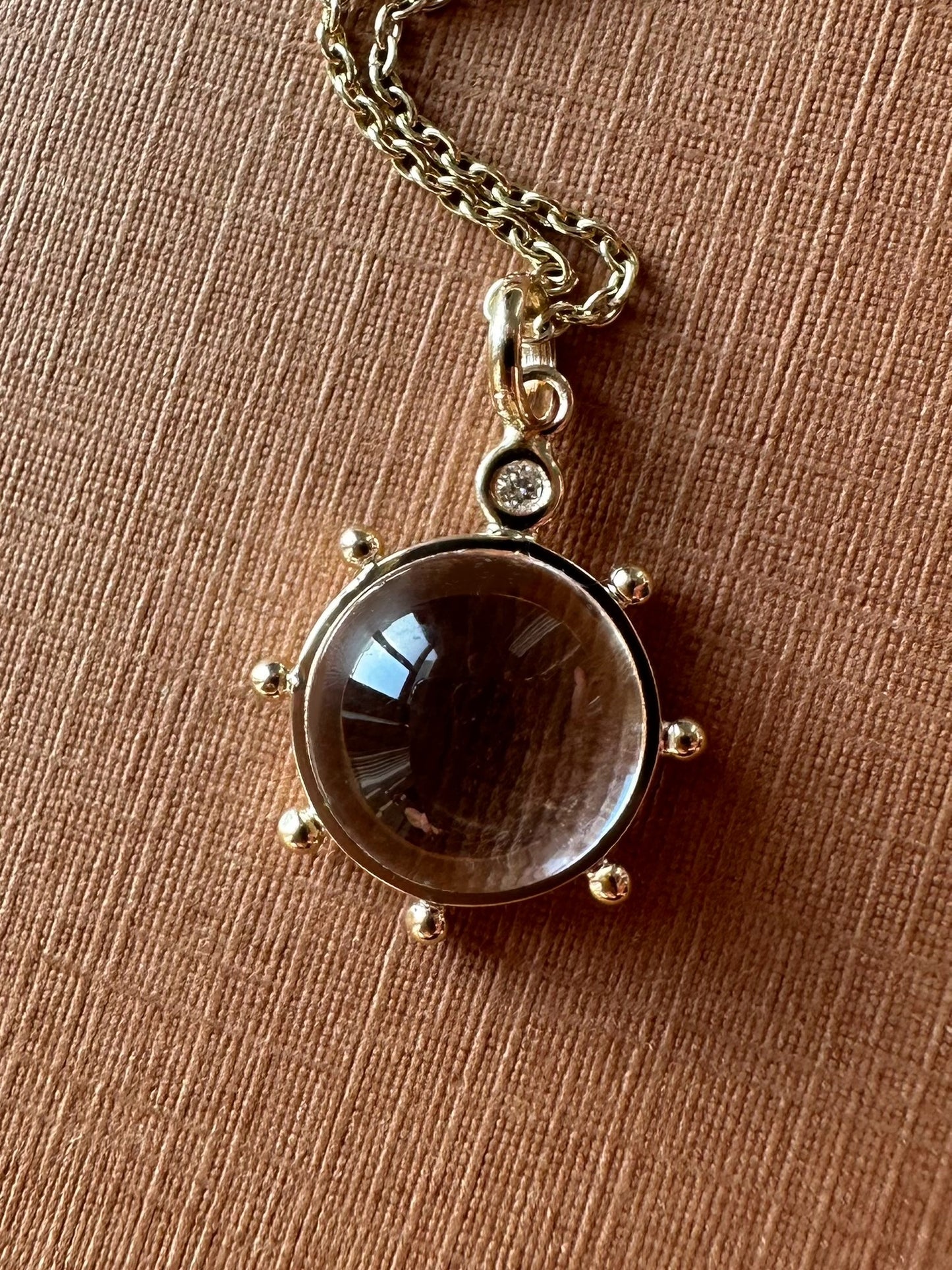 14k Solid Yellow Gold, Clear Quartz, Diamond “Sun” Pendant, Mini Size