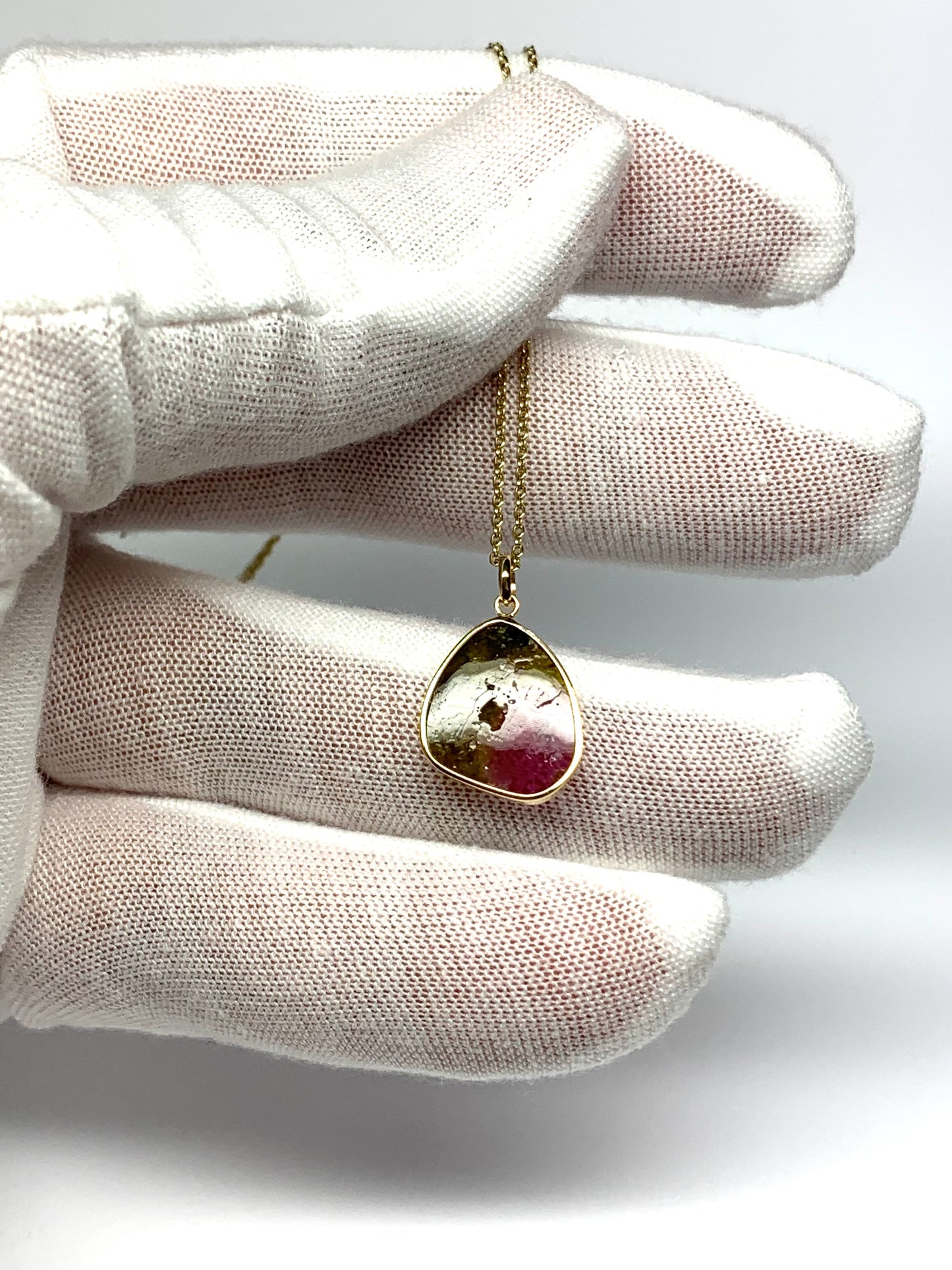 14k Solid Yellow Gold, Natural Pink Green Tourmaline Pendant