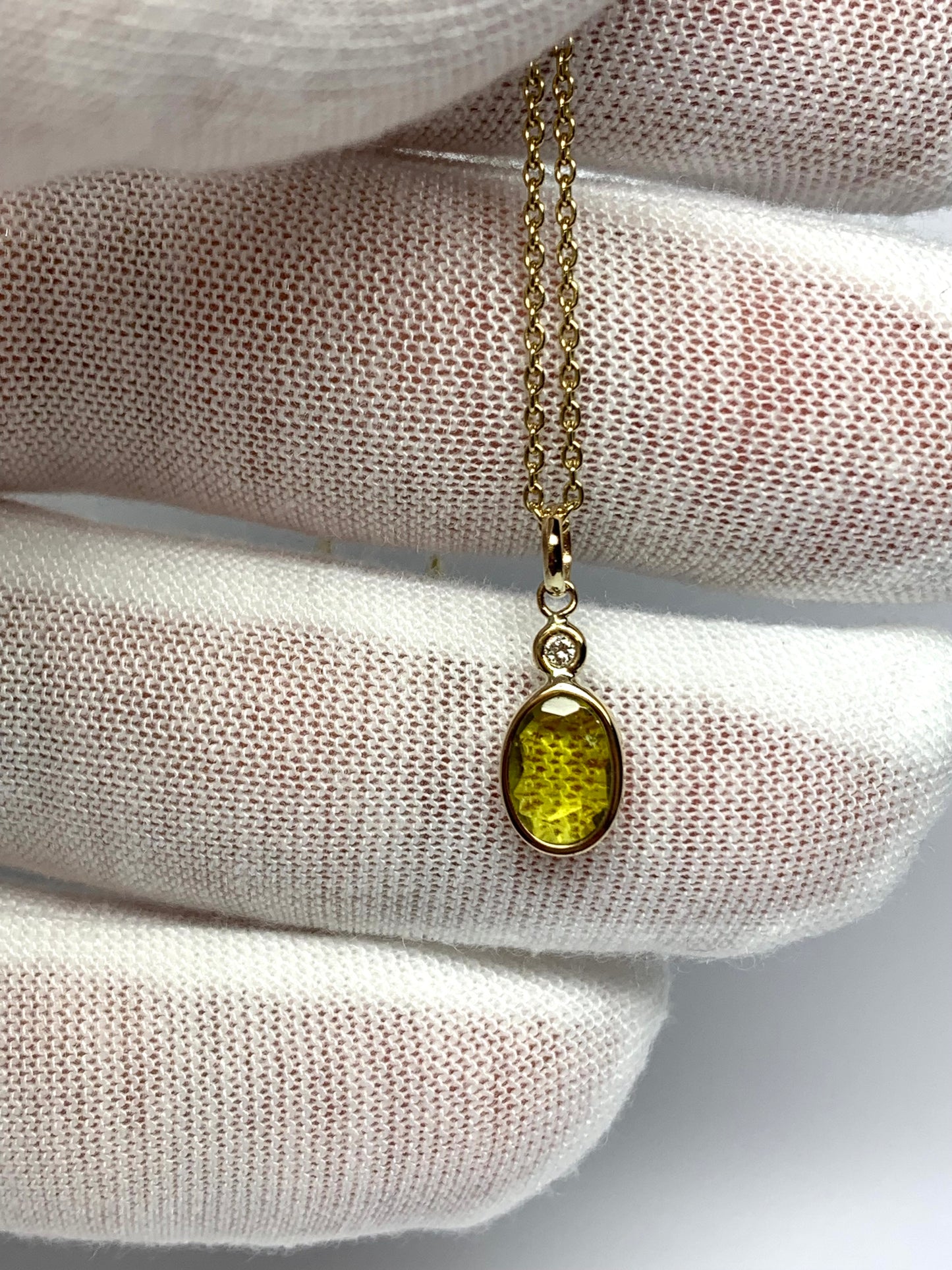14k Solid Yellow Gold, Natural White Diamond, Natural Olive Green Tourmaline Tiny Pendant