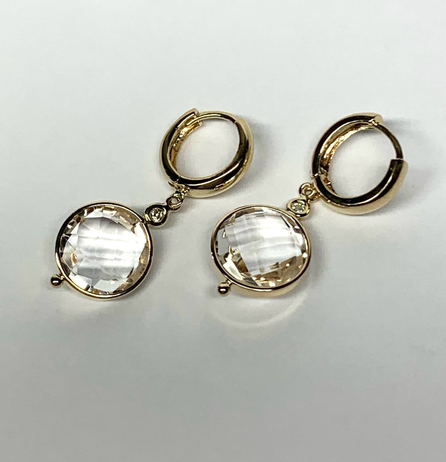 14k Solid Yellow Gold, Natural Diamonds, Clear Quartz Dangling Drop Hoops Earrings