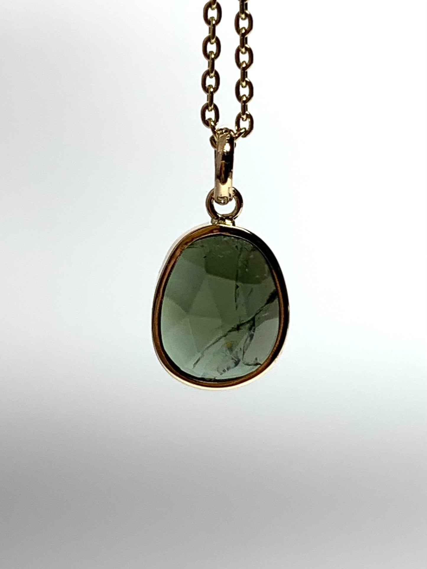 14k Solid Yellow Gold, Natural Dark Green Tourmaline Mini Pendant