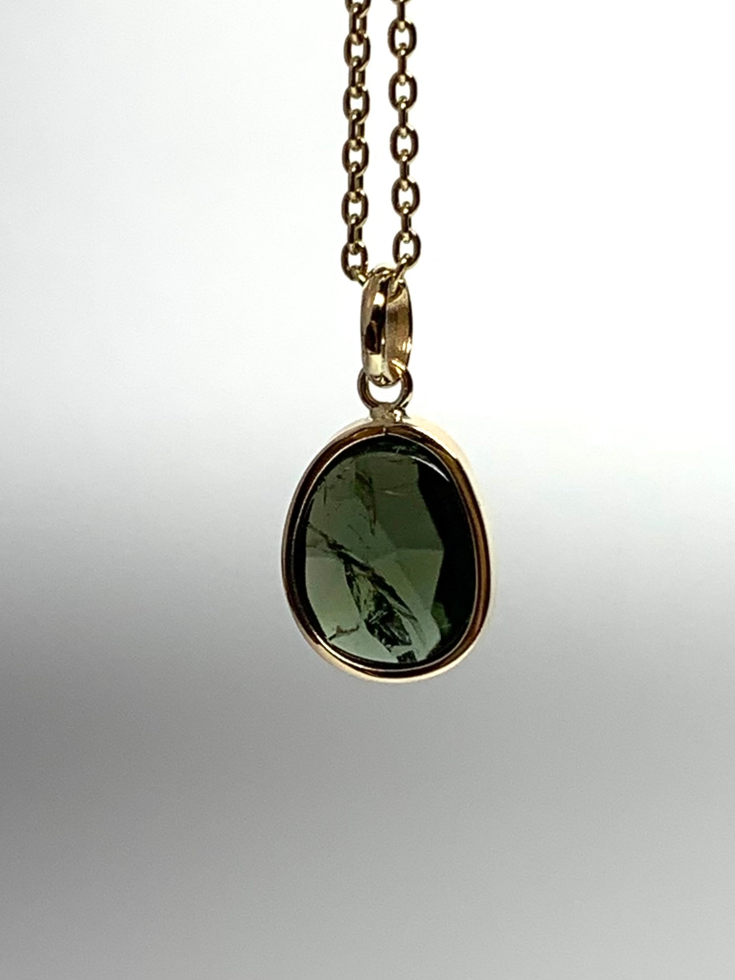 14k Solid Yellow Gold, Natural Dark Green Tourmaline Mini Pendant