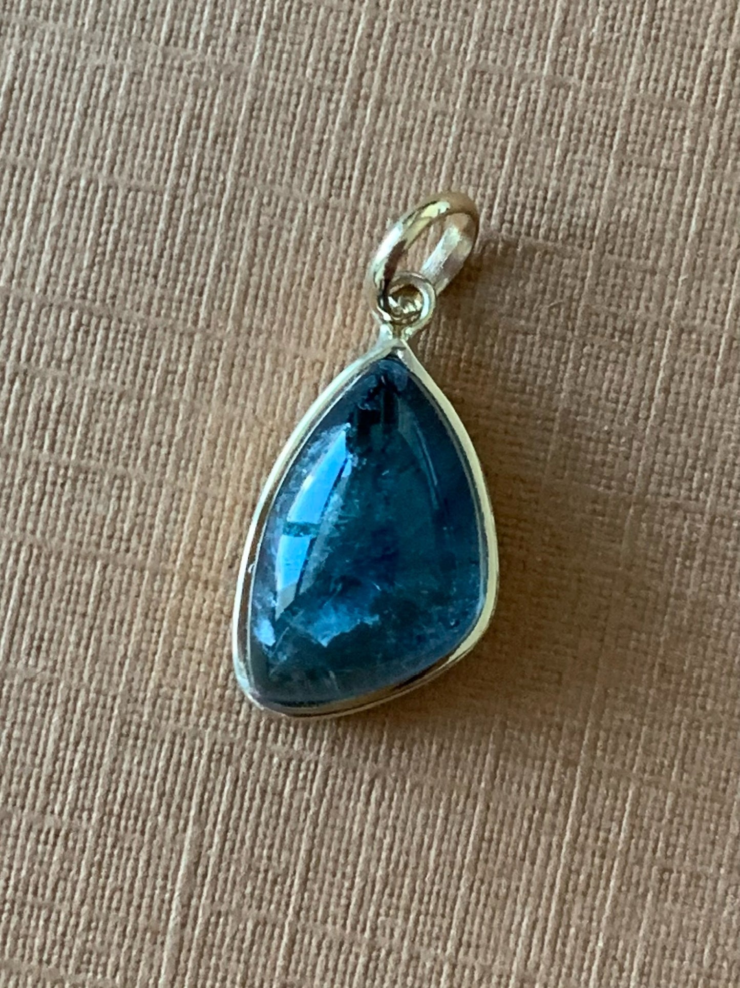 14k Solid Yellow Gold, Natural Blue Tourmaline Cabochon Pendant