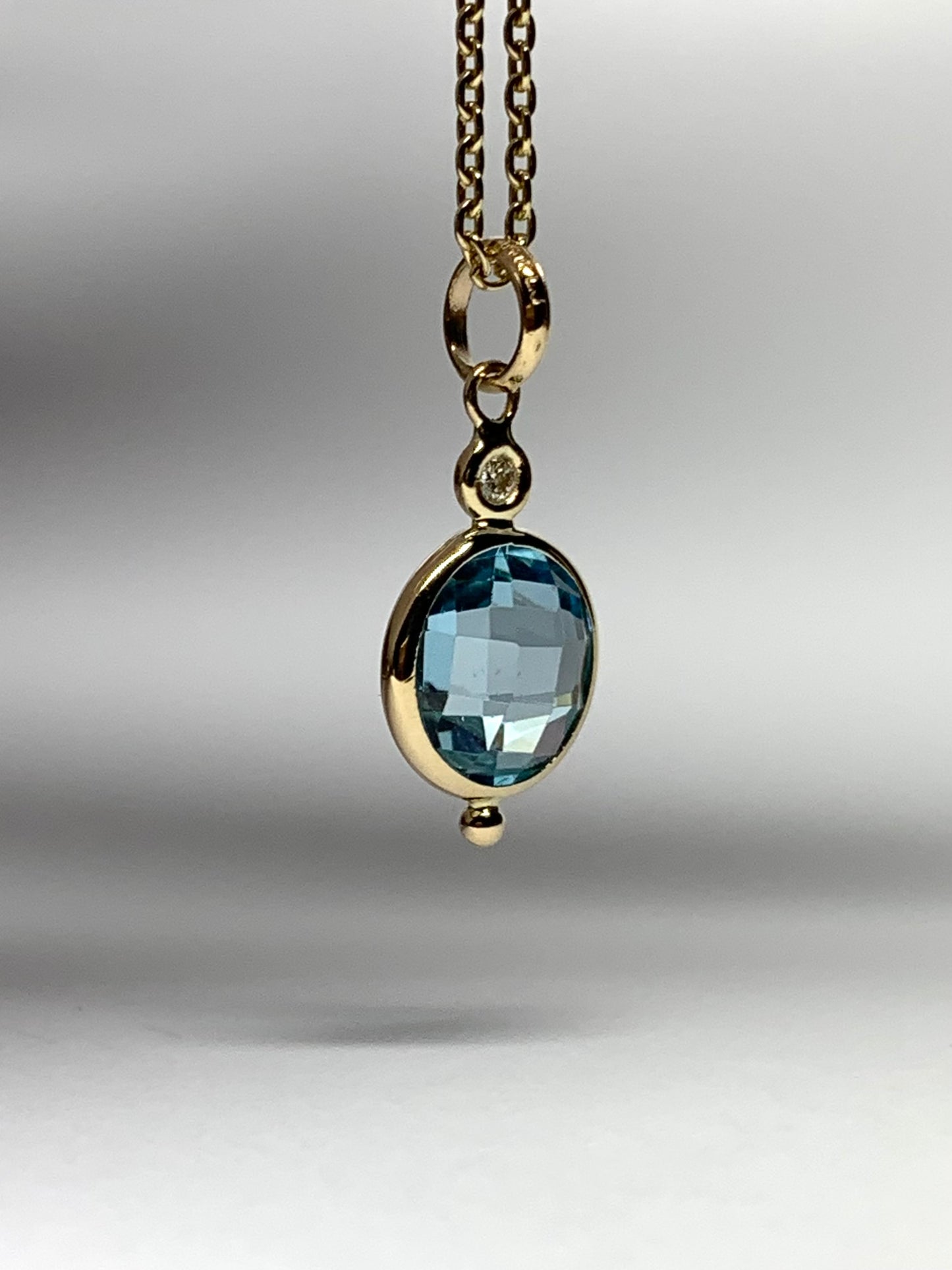 14K Solid Yellow Gold, Diamond, Blue Topaz Mini Pendant