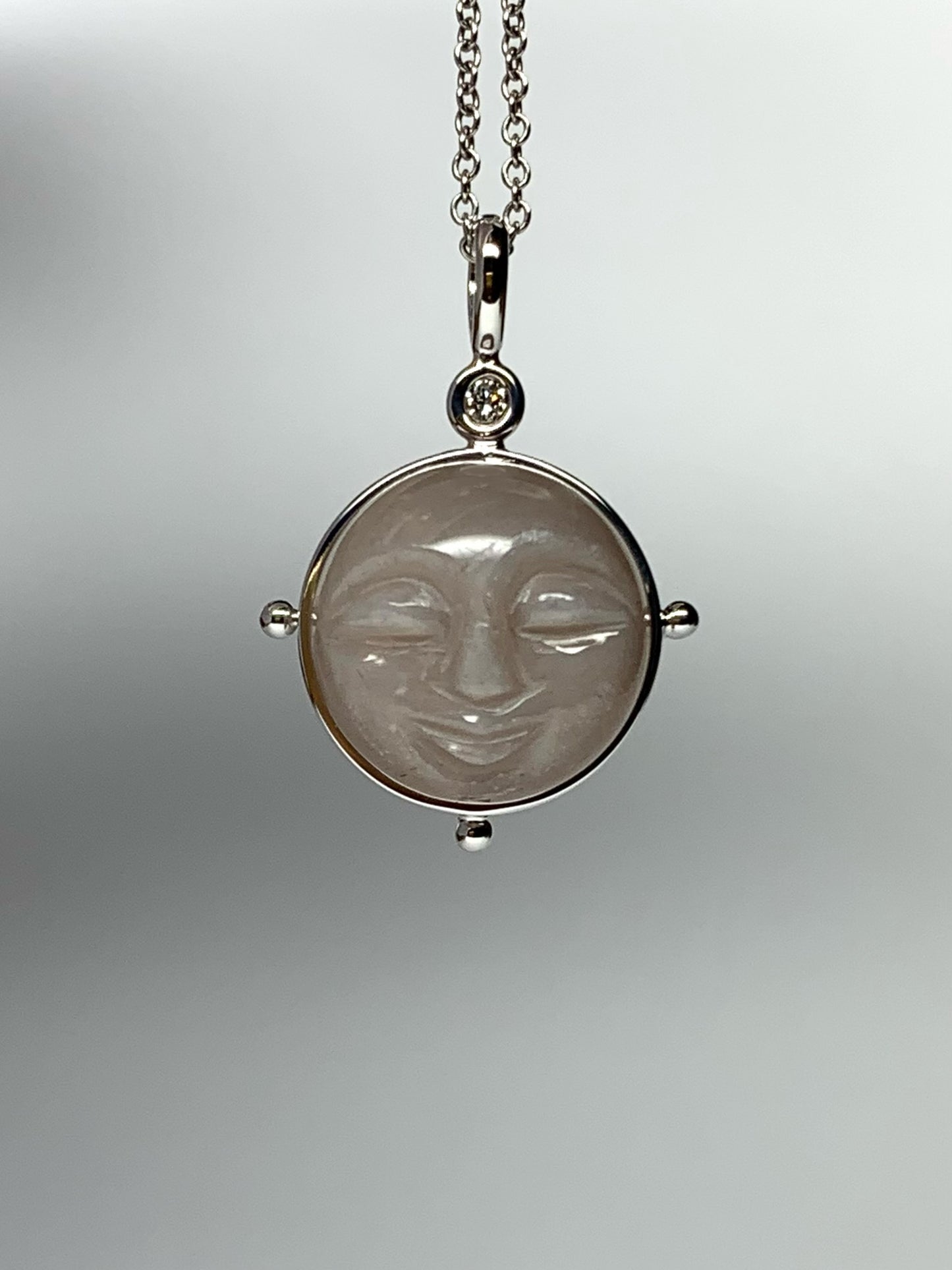 14k Solid White Gold, Diamond, Grey Moonstone “Moon Baby” Pendant, Carved Face