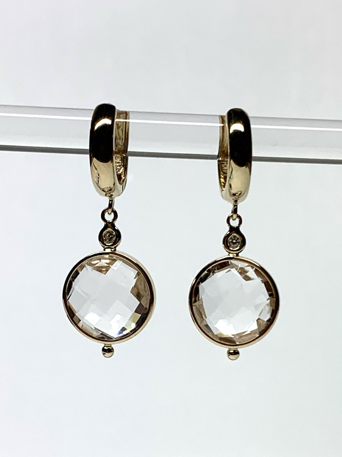 14k Solid Yellow Gold, Natural Diamonds, Clear Quartz Dangling Drop Hoops Earrings