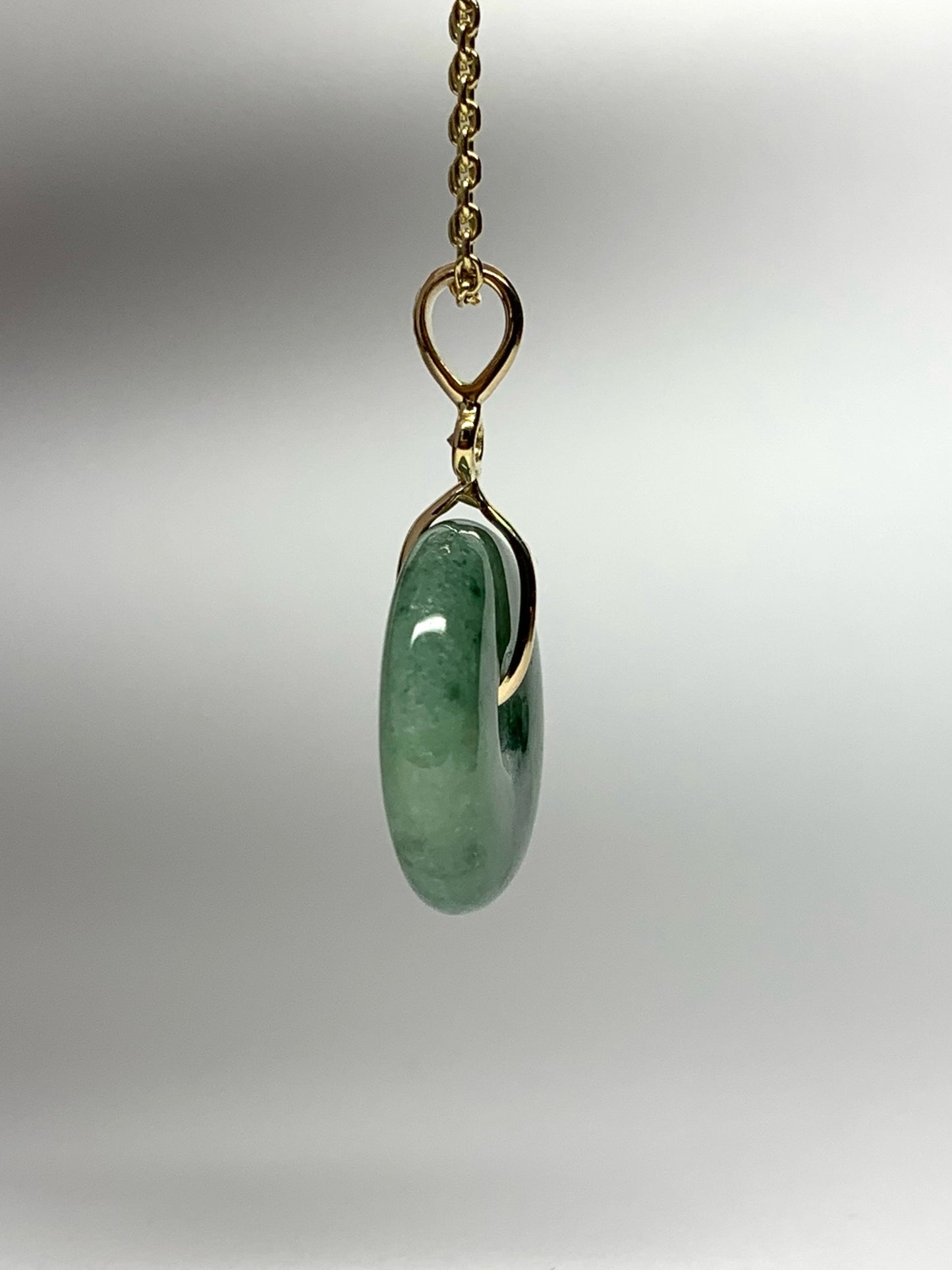 14k Solid Yellow Gold, Pale Green Jade “Donut”, White Diamond Pendant, Small Size