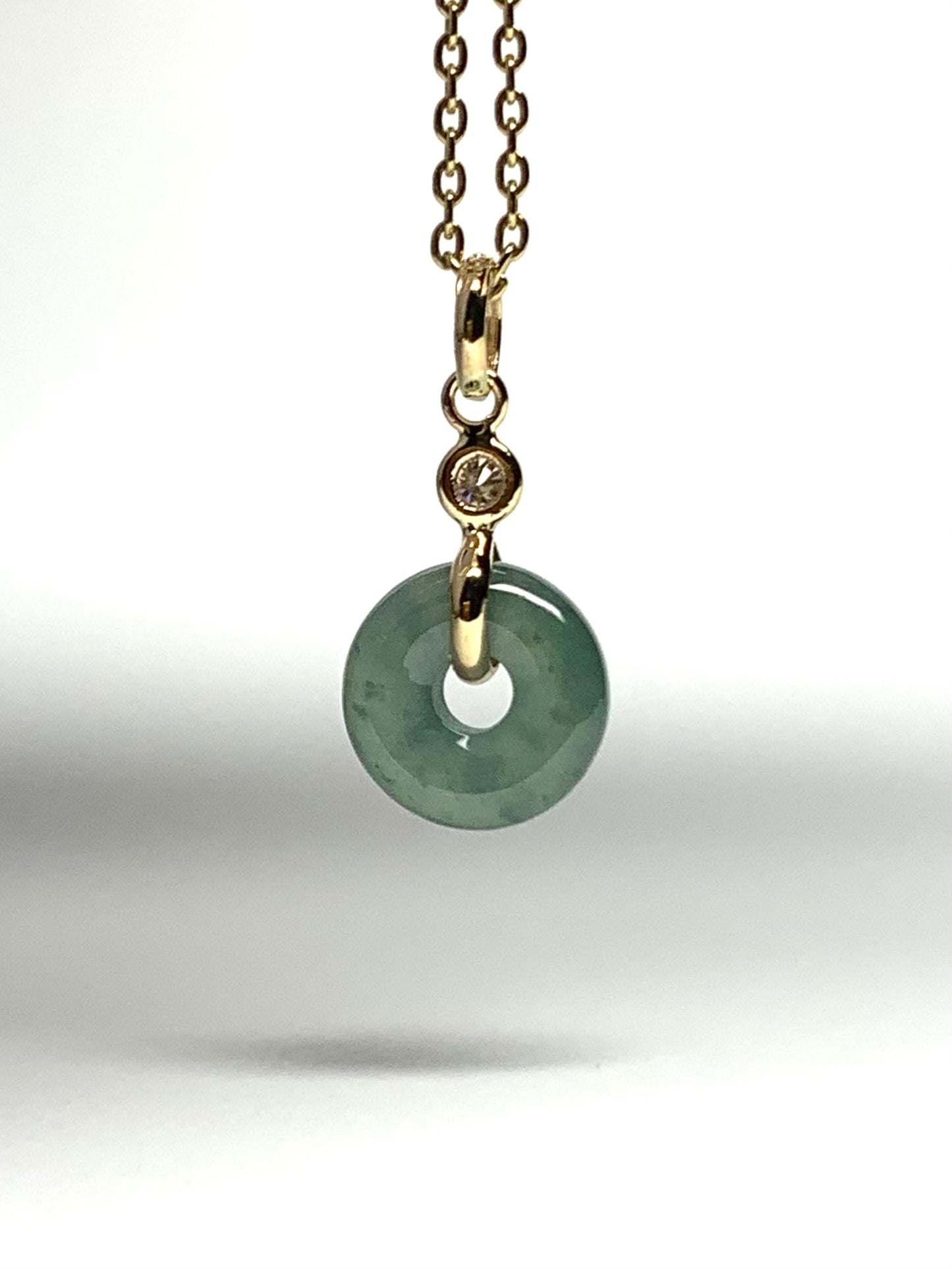14k Solid Yellow Gold, White Diamond, Pale Green Jade “Donut” Pendant, Tiny Size